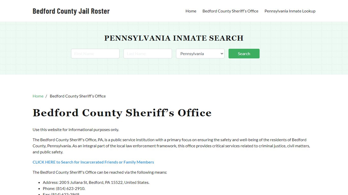 Bedford County Sheriff Office, PA, Arrest Warrants Search